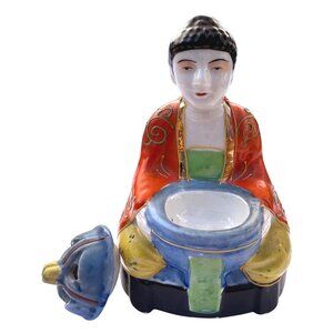 Vintage Japanese Moriage Porcelain Incense Burner Monk Figure Hand Painted Japan